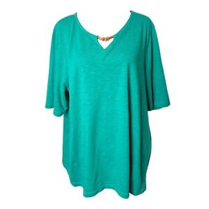Chicos Slub Knit Top Size XL Green Short Sleeve Wood Beaded Cotton Tee Lagenlook